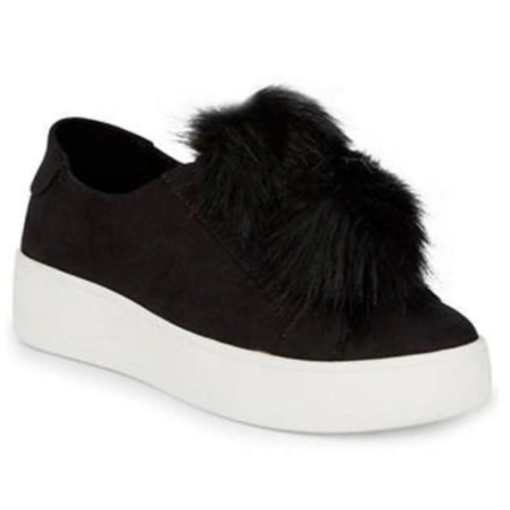 Steve Madden Black Suede Faux Fur Puffs Platform Sneakers Size 6